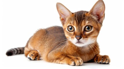A charming and adorable kitten poses on a pristine white background, showcasing its playful and innocent nature, capturing the essence of youthful feline curiosity and grace.