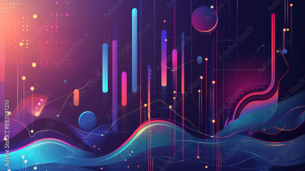 Poster abstract digital art with colorful data visualizations and geometric shapes on a gradient background
