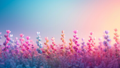 Naklejka premium Vibrant field of colorful flowers in soft focus, with a dreamy gradient background showcasing shades of pink, purple, and blue.
