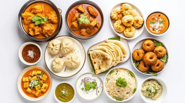 Top view collection of Indian foods isolated on a white background, including momos, butter chicken curry and rice, samosas, and pani puri