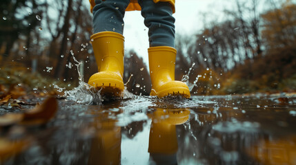 Child happily jumps in a puddle on a rainy day, wearing yellow rubber boots, splashing water with joy outdoors