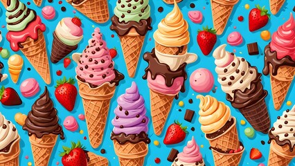 A cartoonish ice cream pattern with many different flavors