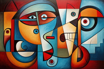 Abstract cubist or cubism style painting with bold geometric shapes and vibrant colors, featuring multiple eyes and faces