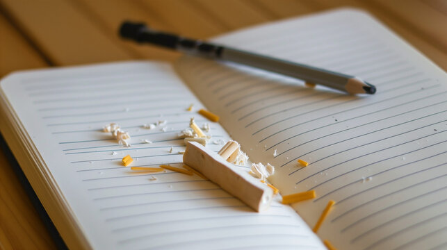 Sharpened pencil with shavings on lined notebook