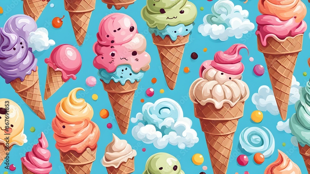 Poster a colorful ice cream pattern with many different flavors