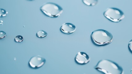 Detailed water drops on a vibrant blue background, close-up view, clear and calming, high-detail image