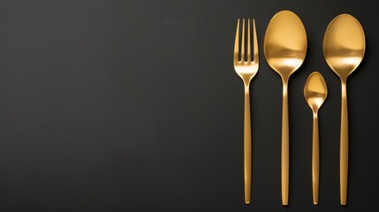 Elegant and luxurious spoons and forks in gold on a black background, formal dining, sophisticated setting, refined ambiance