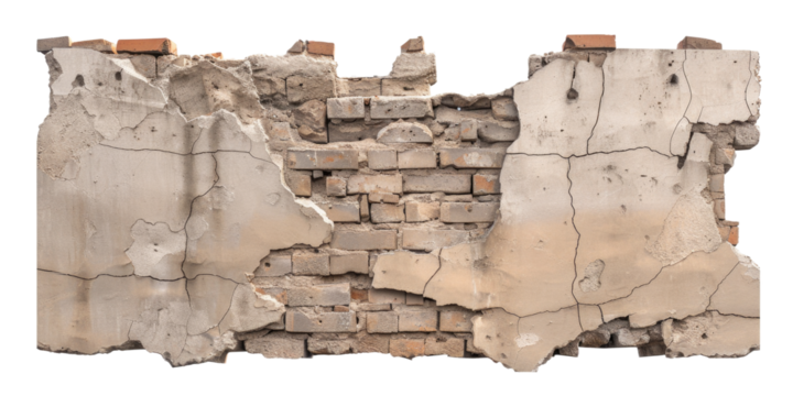 Ruined brick wall with large cracks and broken concrete patches. The structure shows significant damage and wear, revealing the underlying brickwork. Suitable for illustrating decay