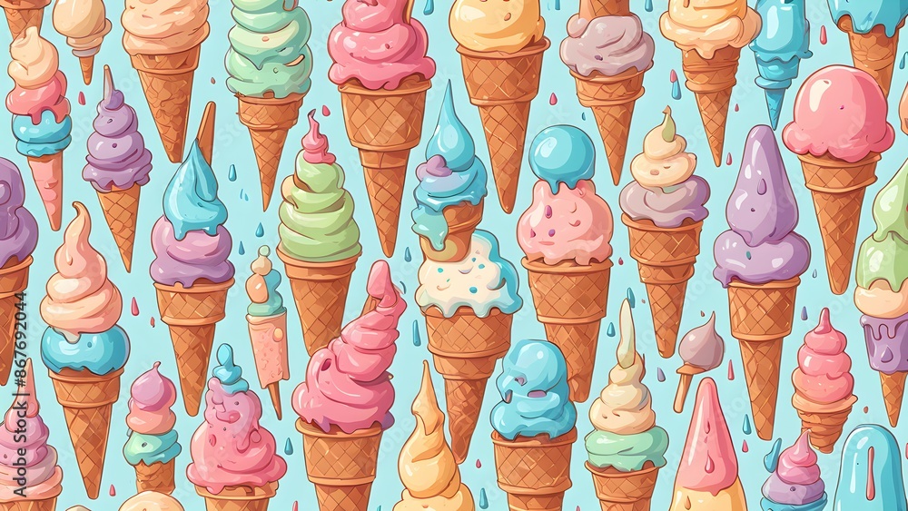 Poster a colorful ice cream cone pattern with many different flavors