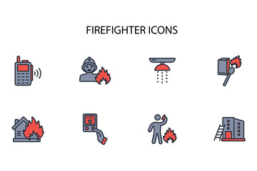 Firefighter icon set.vector.Editable stroke.linear style sign for use web design,logo.Symbol illustration.