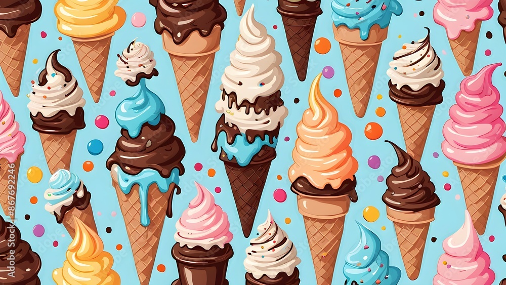 Poster a colorful ice cream cone pattern with many different flavors