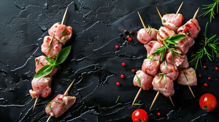 Top view copy space image of raw chicken meat shish kebab skewers displayed on a black background. Generative AI