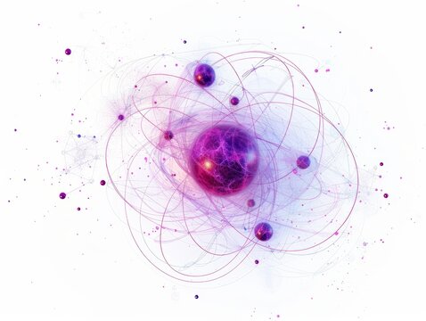 Abstract Atomic Structure with Pink and Purple Hues and Swirling Lines on White Background