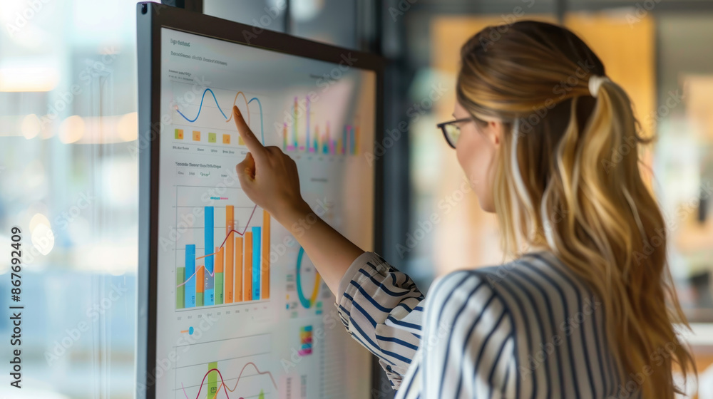 Poster woman analyzing business data on interactive touchscreen display in modern office environment