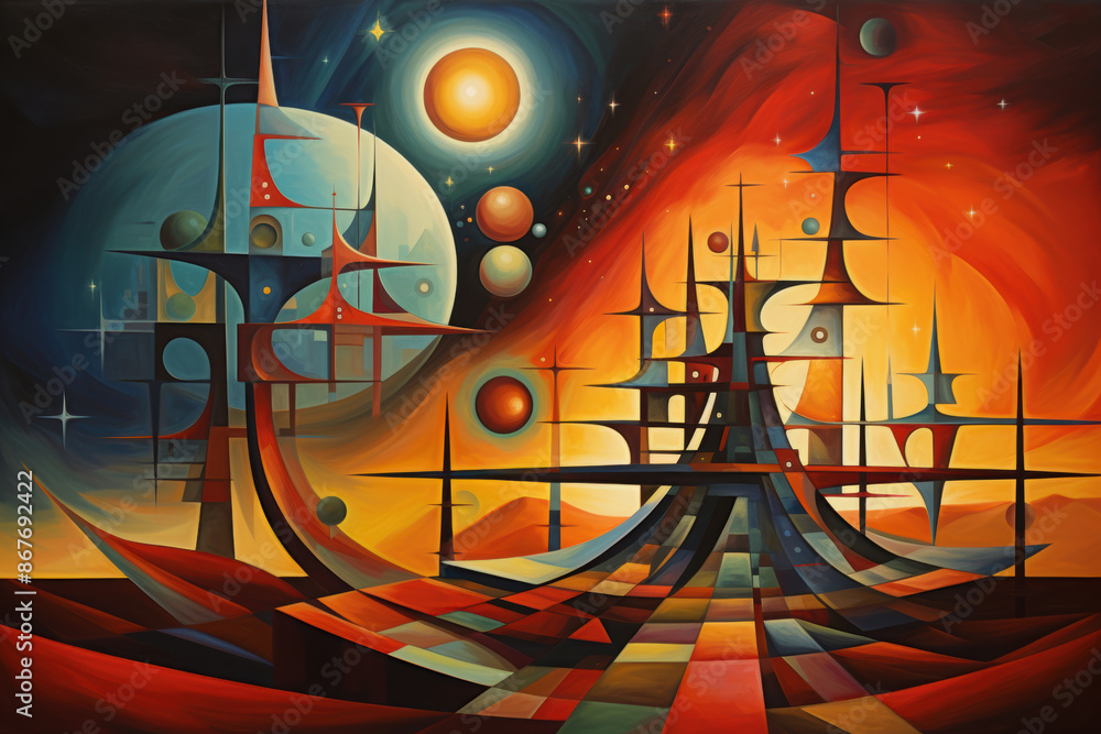 Poster abstract cubist or cubism style painting depicting a futuristic landscape with towering structures a