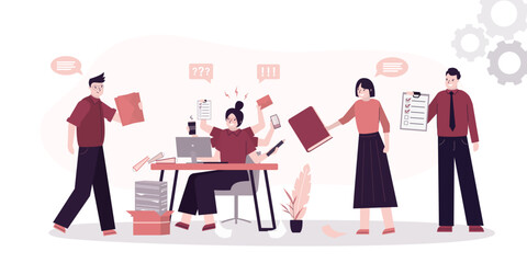 Businesswoman with many arms sitting at workplace in office and doing many tasks at same time. Burnout, mental stress, overload.