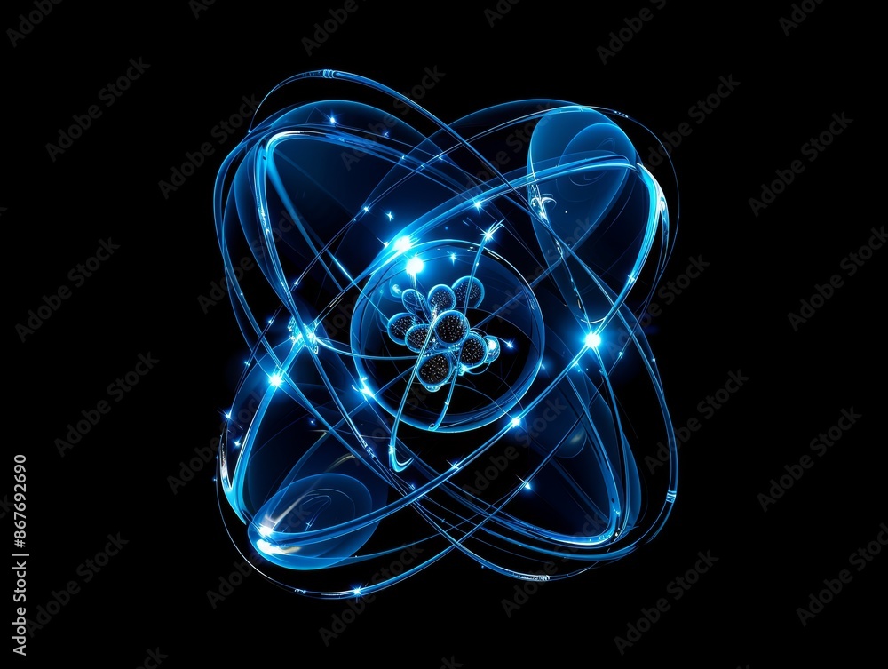 Wall mural abstract blue glowing atomic structure with orbits and particles on black background