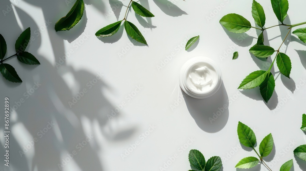 Aufkleber top view of a white background with shadows and green leaves showcasing a layout for presenting prom