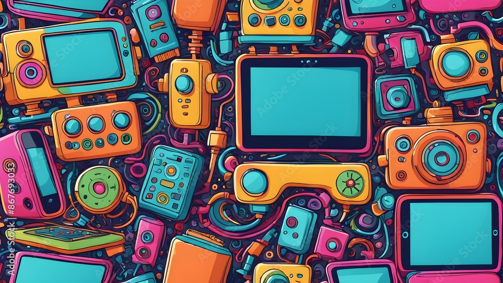 Poster a colorful and abstract image of various electronic devices and cords