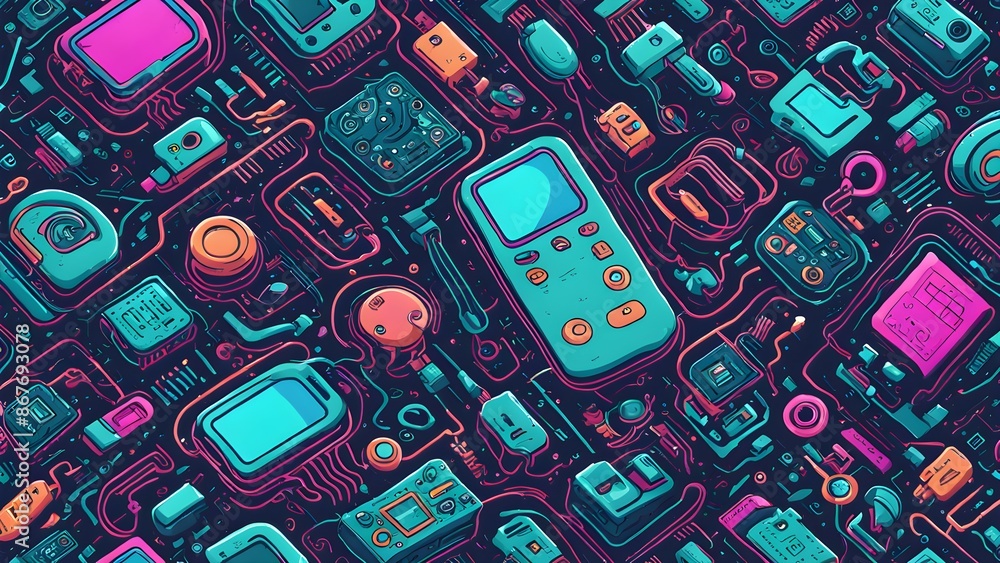 Poster a colorful and abstract image of various electronic devices and cords