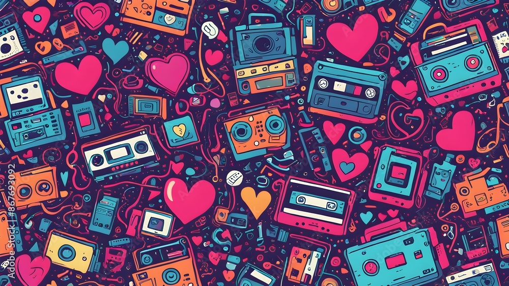 Poster a colorful and abstract image of various electronic devices and cords