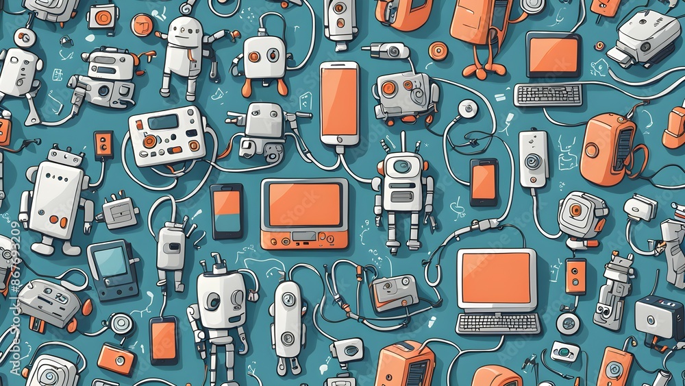 Poster a colorful and abstract image of various electronic devices and cords