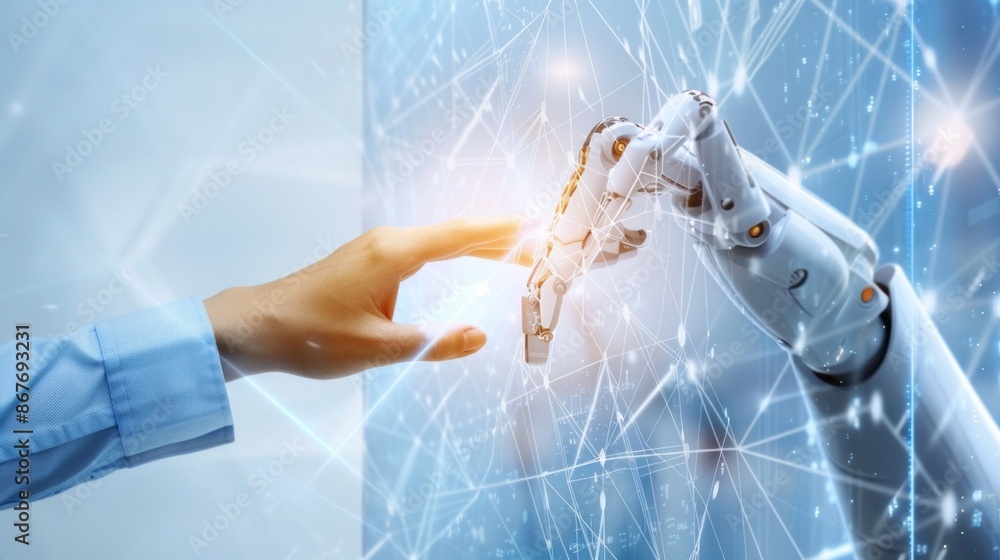 Poster a human hand reaches out towards a robotic hand, separated by a glowing digital network. this image 