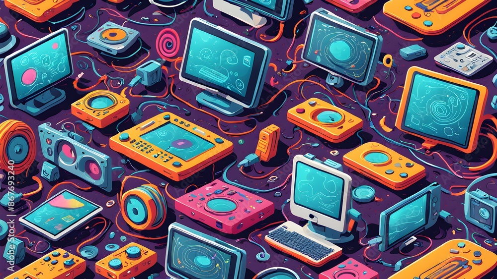 Poster a colorful and abstract image of various electronic devices and cords