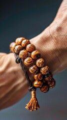 Yoga practitioner's wrist with mala bracelet