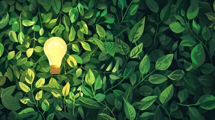 Top View Vector Illustration: Green Eco-Friendly Light bulb from Fresh Leaves for Energy Saving and Environmental Sustainability. generative ai illustration. Generative AI