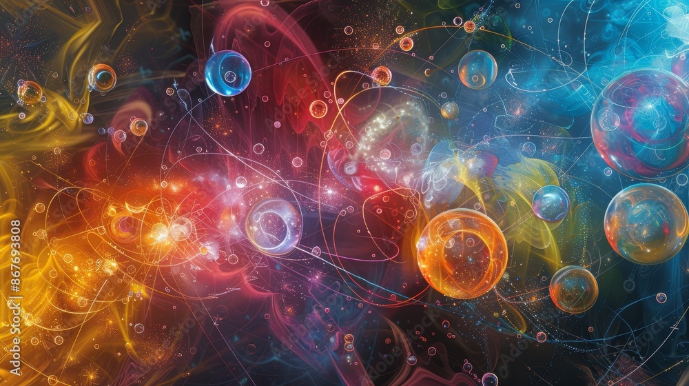 Wall mural abstract cosmic universe with interconnected bubbles and glowing lights, representing the intertwine