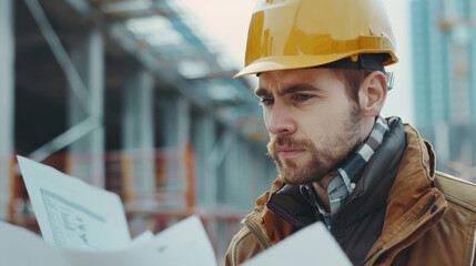 Male construction worker studying blueprints on a building site, wearing a hard hat and winter jacket