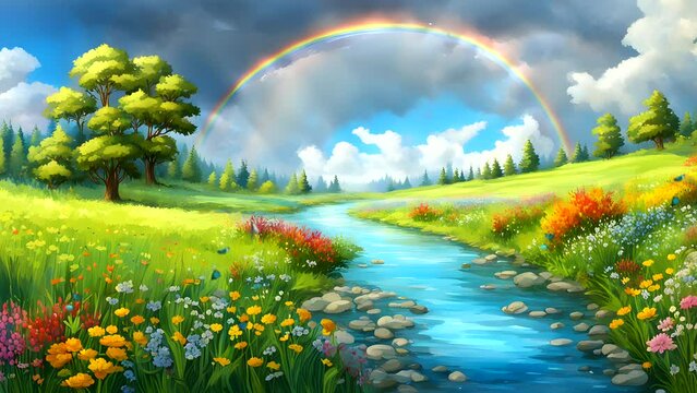 Animation Beautiful nature scene with rainbow and flower-filled meadow Seamless looping 4k time-lapse animation video background