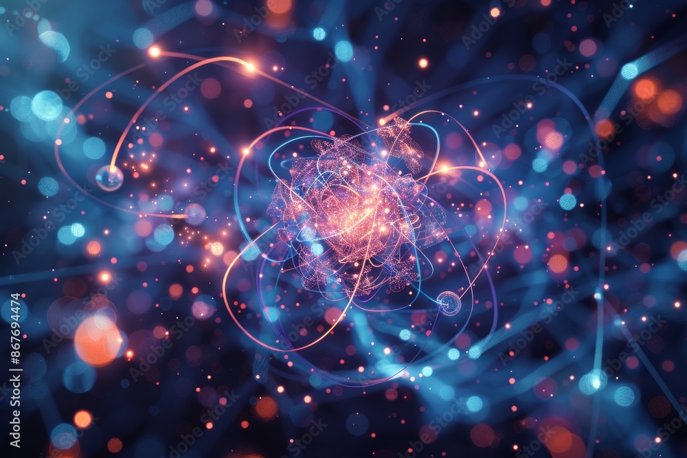 Wall mural abstract glowing orb with intricate network of light trails in a cosmic background