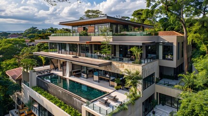 Naklejka premium Modern Luxury Villa with Infinity Pool and Lush Greenery
