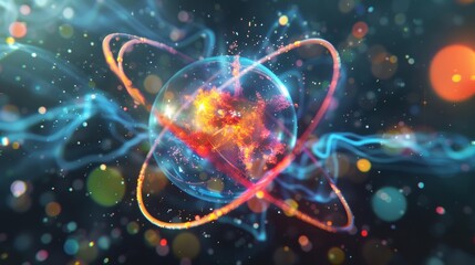 Obraz premium Abstract glowing orb surrounded by swirling energy, sparks, and bokeh lights with a dark background.