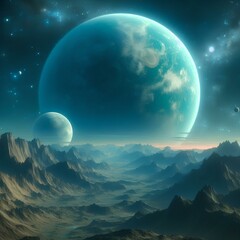 Giant teal and blue planet over a vast mountainous rocky vast alien landscape.