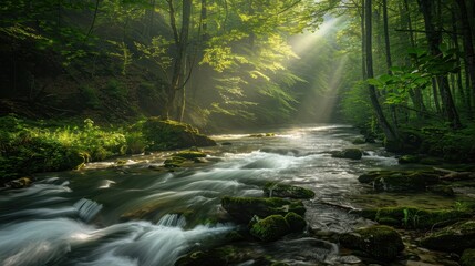 Tranquil River Flowing Through Enchanted Forest Valley with Sunlight Filtering Through Trees