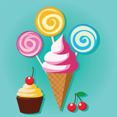 Sweet Treats Day Vector Illustration: Lollipop, Ice Cream, and Cupcake with Cherry