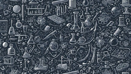 A colorful and artistic depiction of various scientific equipment and chemicals