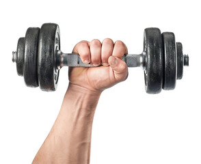 Hand holding a black dumbbell, cut out