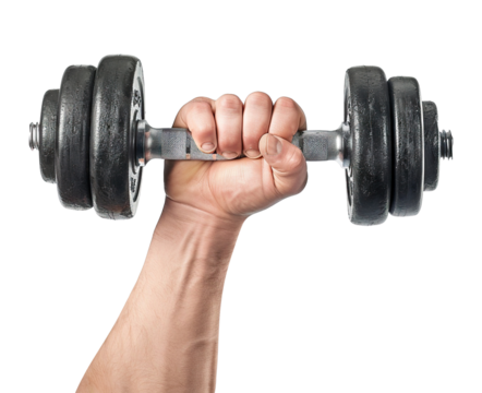 Hand holding a black dumbbell, cut out