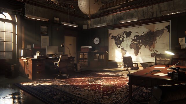 Experience tension of the Cold War with a scene in a secretive intelligence office featuring spies coded messages and highstakes intrigue perfect for fans of modern history and espionage