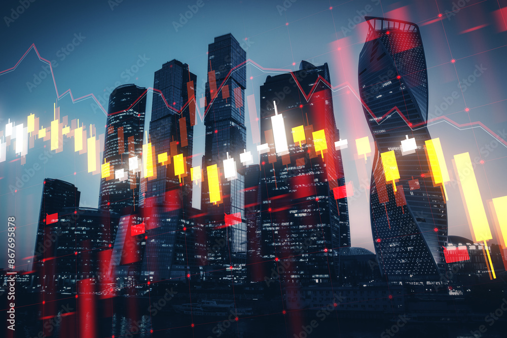 Poster skyscrapers overlaid with financial charts in a double exposure image conveying a business concept o