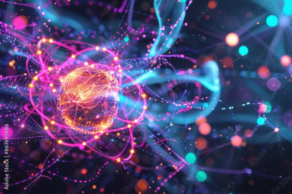Wall mural abstract sphere glowing with energy and connections in a colorful digital network