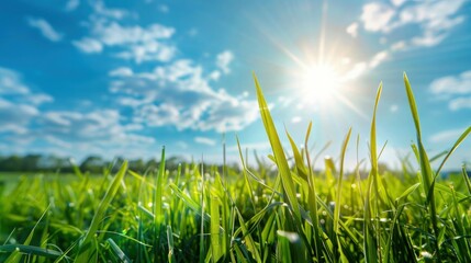 Obraz premium Beautiful panoramic natural landscape of a green field with grass against a blue sky with sun. Spring summer blurred background.