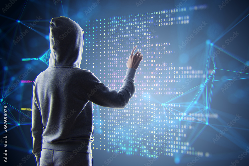 Aufkleber A person in a hoodie interacts with a futuristic interface depicting binary code on a dark background, symbolizing big data and technology concepts