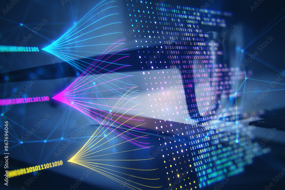 Poster Close-up of binary code and fiber optic cables with dynamic light effects, concept of big data and technology