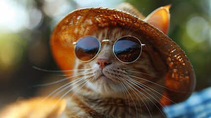 Cat wearing sunglasses, straw hat vacation in a nice resort. Summer vacation, travel, tourism, tropics. Vacation by sea, weekend on t beach