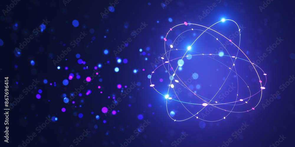 Poster Abstract neon atom model with orbiting particles on a dark blue background, concept of science and technology. 3D Rendering